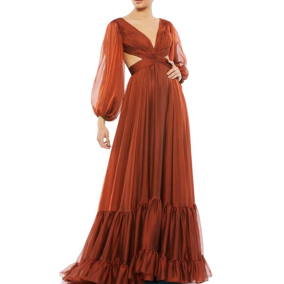 Mac Duggal Size 4 Copper Chiffon Corset Lace Up Back Long Sleeve Maxi Dress Gown - Picture 3 of 5